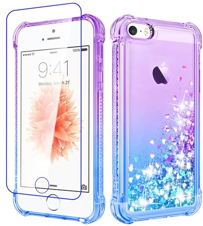 Pilaru for iPhone SE 2016(1st),iPhone 5/5S Case Clear Liquid Heart Lovely Glitter Soft TPU Cover Transparent Girly Protective Phone Case for iPhone SE (1st Gen),Purple/Teal