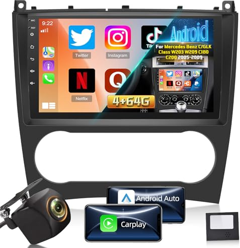 Android 4G+64G Autoradio per Mercedes Benz Classe C/GLK W203 W209 C180 C200 2005-2009, 9 Pollici Touchscreen Radio con Wireless Carplay e Android Auto/Bluetooth 5.0/WiFi/GPS/32EQ