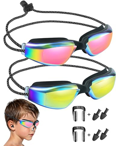 Vvinca Goggles for Kids 6-14 with Bungee Strap 2pc, Toddler Kids Swim Goggles for Swimming 8-12 No Hair Pulling for Boys Girl