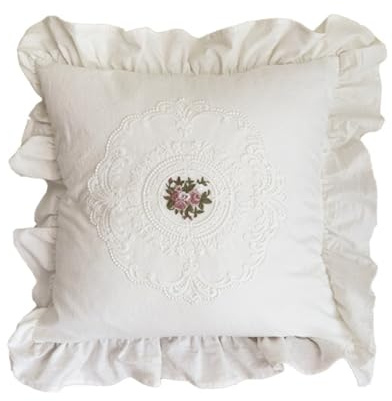 French Lace Pillow Cover,White Cotton Pillow Covers,Embroidered Cushion Cover,Lace Embroidery Pillow Covers,Vintage Square Couch Pillow Shell(Style 1)