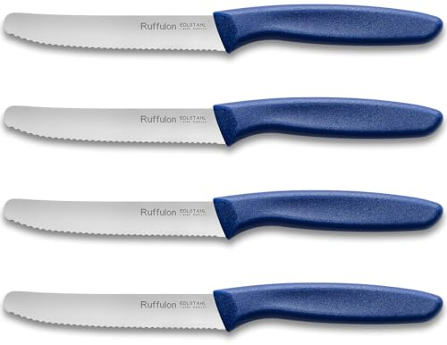 Ruffulon Tafelmesser Set 4-tlg, Tomatenmesser,mit Wellenschliff,11cm,Blau | Edelstahl Klinge Schneidemesser,22cm Tomatenmesser mit Plastikgriff,Jausenmesser für Esszimmer,Küche,Geschenke