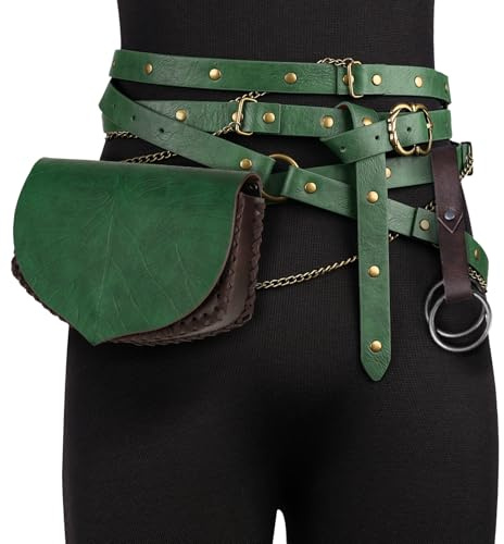 EpicCos Gürteltasche mit Blattmuster, Renaissance-Gürtel aus mehrlagigem Kunstleder mit Rockclip für Ren-Faire-Waldkostüme
