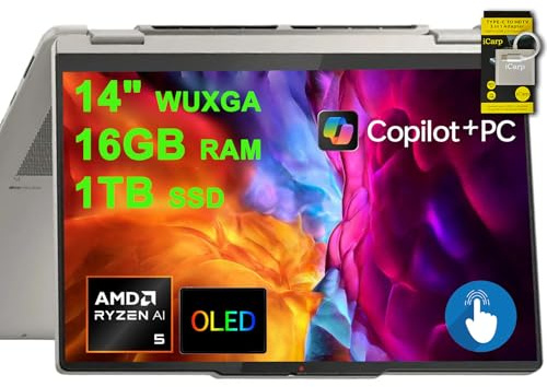 Lenovo Yoga 7 2-in-1 Laptop 14 WUXGA OLED Touch (100% DCI-P3, 600nits HDR) AMD 6-core Ryzen AI 5 340 (Up to 50 Tops) 16GB RAM 1TB SSD for Creator Business Professional Win11 ICP Hub w/Copilot AI