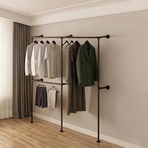 Gemsaya Industrial Pipe Clothing Rack, Heavy Duty Wall Mounted Clothes Rack for Hanging Clothes, Adjustable Pipe Garment Rack Bar Rail, Multi-Purpose Walk-in Wardrobe with 3 Hanging Rod