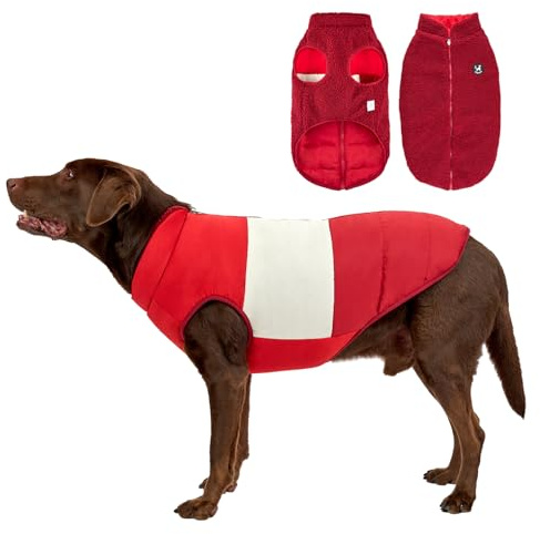 Arblina Hundemantel, Wasserdichter Wintermantel Hund mit Fleece-Futterung für Mittelgroße & Große Hunde, Zweiseitig Tragbarer Winterjacke Hund mit ReißVerschluss, Rot, XL