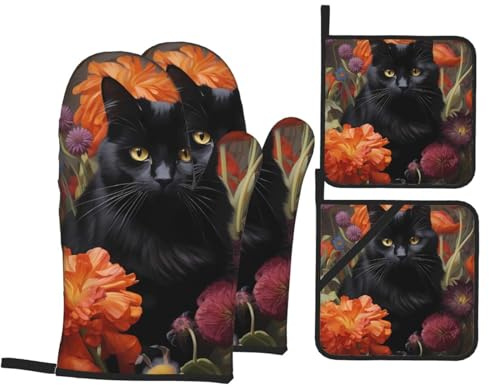 OUYNIEI Ensemble de gants de cuisine réutilisables avec motif chat et fleur Noir