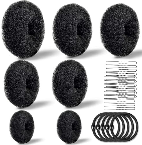 KIRZAX Donut Moño Kit, Accesorios de Peinado Kit, Incluye 7 Donuts para El Pelo, 20 Horquillas en Forma de U,5 Gomas de Pelo,para Mujeres Niñas, Bailarinas de Ballet para Hacer Moños(Negro)
