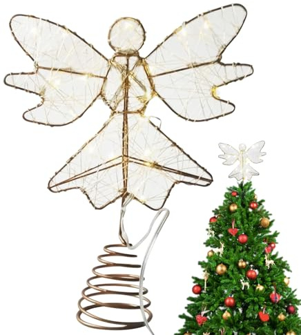 Lpoppcx Ángel para Copa del Árbol De Navidad | Decoraciones Navideñas De Ángel Dorado con LED | Figuras Decorativas Navideñas para Balcón Salón Dormitorio Jardín Patio Terraza
