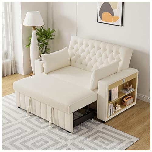 Wyibwy Sofá cama moderno de dos plazas, convertible con portavasos, puertos de carga USB y almohadas, con espacio de almacenamiento y función de cama (beige)