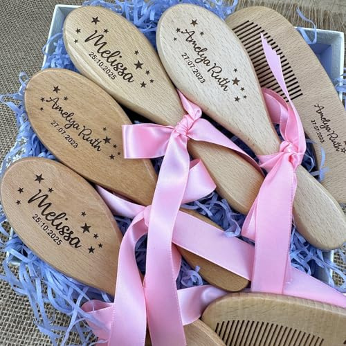 Personalisierte Baby-Haarbürste Aus Holz, Graviertes Geschenk Zur Erinnerung An Die Geburt, Individuell Graviertes Baby-Bürsten- Und Kamm-Set Für Mädchen, Babyparty, Geburtstag