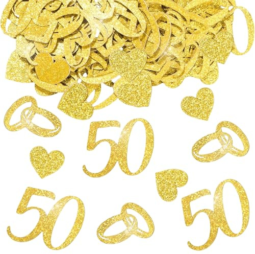 300 Stück Goldene Hochzeit Deko, Glitzer Konfetti mit 50, Ringe, Herz Motiven