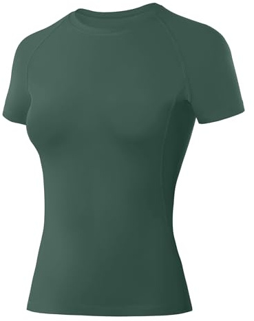 WISMBOX Women's Short Sleeve Compression Base Layer, Quick Dry Breathable Gym Top, Athletic Running T-Shirt for Yoga, Cycling, Workout & Outdoor Sports Dark Green