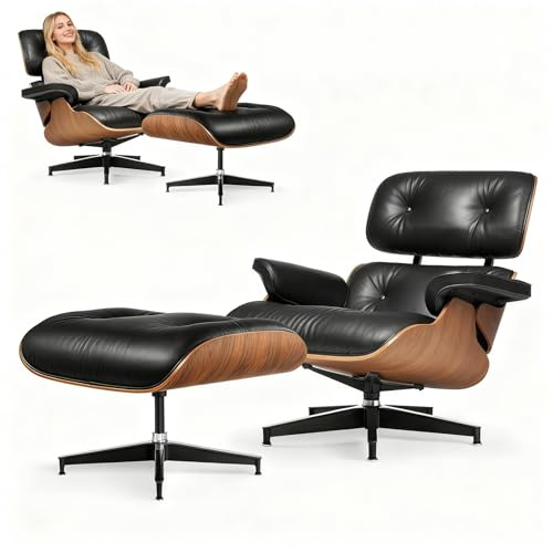 Asukale Echtleder-Entspannungssessel mit Fußhocker, Moderner Fernsehsessel, Drehbarer Chaiselongue mit Ottomane, Fester Neigungswinkel von 105°, Massiver Holzrahmen, Perfekt für Wohnzimmer & Büro