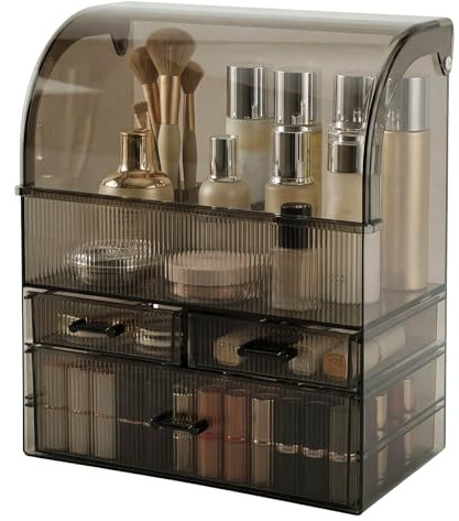 ilus Makeup Organiser with Drawers, Large Skincare Organisers Cosmetic Storage Display Case with Dust Free Cover, Waterproof Make up Storage Box for Vanity Countertop Bathroom Dresser, Clear Black