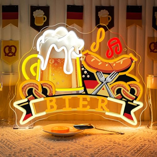 Bier Neon Schild Bratwurst Biergarten Wanddekoration Licht für Grillparty | 41*31.3CM,Einstellbare Helligkeit (5 Stufen),USB Stromversorgung,für Biergarten,Oktoberfest,Grillparty,Sportbar,Männerhöhle
