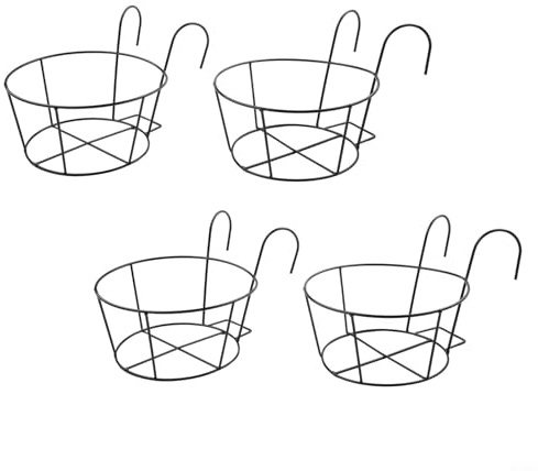 4 mensole rotonde da appendere per vasi di fiori, supporto per piante in vaso in ferro con gancio per recinzione, per balcone, giardino, mensola da parete per ringhiera del portico, nero bianco (nero)
