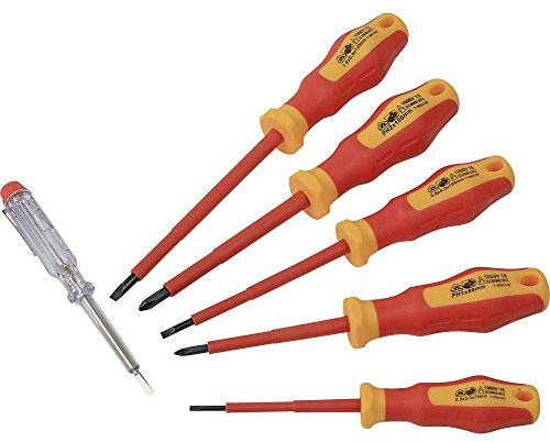 Brüder Mannesmann Schraubendreher-Set 6-tlg., VDE-geprüft, isoliert bis 1.000 V, magnetisch, PH1, PH2, Schlitz, Chrom-Vanadium mit Spannungstester, ergonomischer Griff | M11226