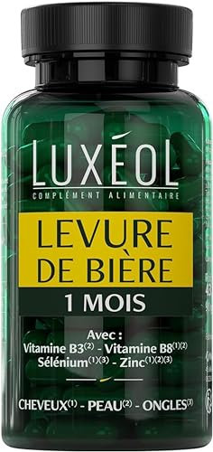 LUXÉOL - Levure De Bière - Complément Alimentaire - Cheveux, Peaux & Ongles - Santé - Zinc, Vitamine B3 B8, Sélénium - Fabriqué En France - Programme 1 Mois - 90 Gélules