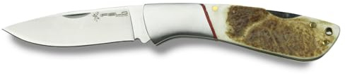iFIELD EL29043 Coltello da caccia pieghevole Bushcraft Sopravvivenza Escursionismo Campeggio, lama in acciaio inox 3Cr13 con manico in corno di cervo, Made in Albacete (Spagna)
