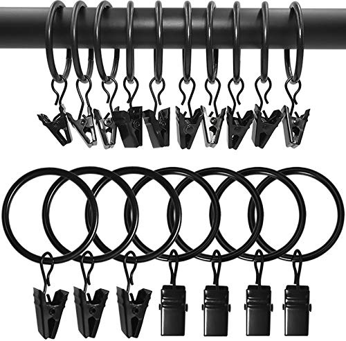AMZSEVEN 90-pack gardinringar med klämmor, draperiklämmor med ringar, draperiringar 3,2 cm innerdiameter, passar upp till 2,5 cm gardinstång, svart