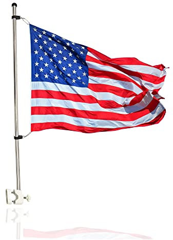 MARINE CITY 21 Stainless Steel Rail Mounted Flag Staff & White Plastic Flag Pole Base & 12 Inches X 18 Inches US Flag for Boat Yacht(1 Set)