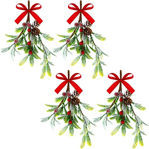 Christmas Artificial Mistletoe Ornament with Red Bow Snowy Red Berries Christmas Hanging Mistletoe Decoration Bouquet Floral Natural Pine Cones Holiday Decoration Ornament Bouquet(4 Pieces)