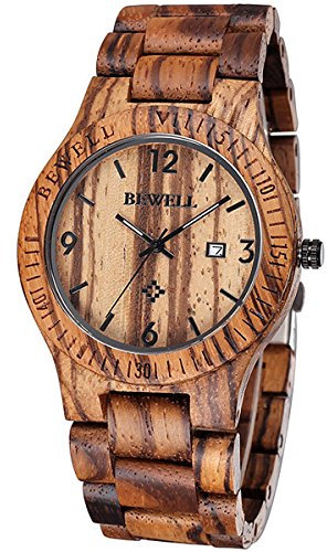Alienwork Armbanduhr Herren Damen Braun Holz-Armband Kalender Datum Holzuhr Natur-Holz