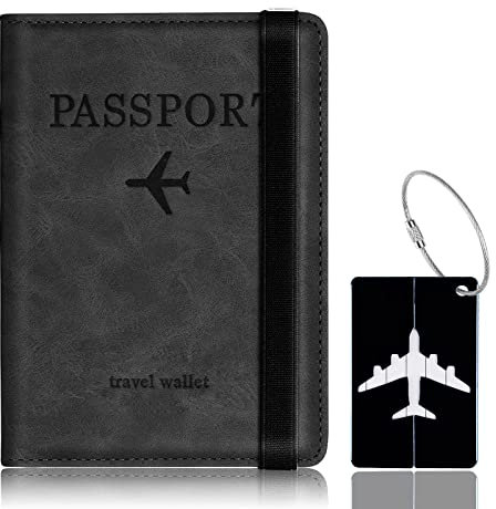 Toctax Reisepasshülle, Passhülle mit RFID-Blocker, Schutzhülle Tasche für Kreditkarten, Reisepass Geschenk Passinhaberdeckel Karteninhaber, Ausweis und Reisedokumente mit Kofferanhänger（Schwarz）