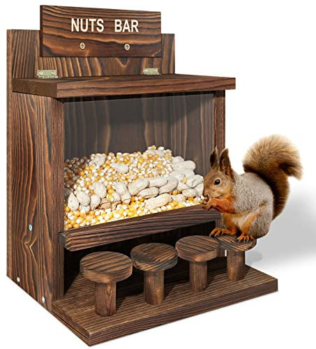 Eichhörnchen-Futterspender mit Karbonisierung, große Eichhörnchen-Futterspender für draußen, lustige Squurrill-Nüsse-Bar, langlebige Holzbox für Mais, Erdnüsse
