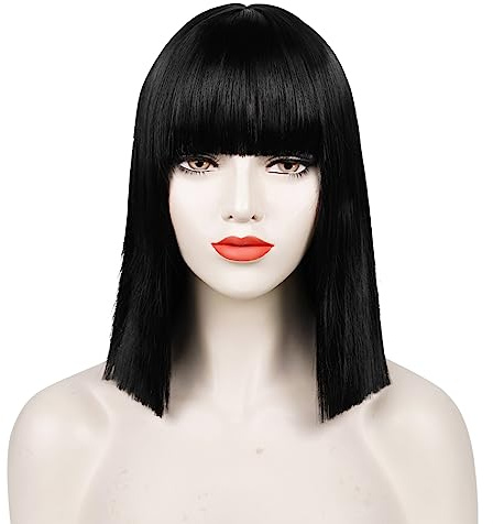 Kurze Schwarze Bob Perücke mit Knall, TOMIGO Kurze Glatt Schwarze Synthetische Bob Perücke für Fasching Fstnacht Karneval Halloween Kostüm Damen