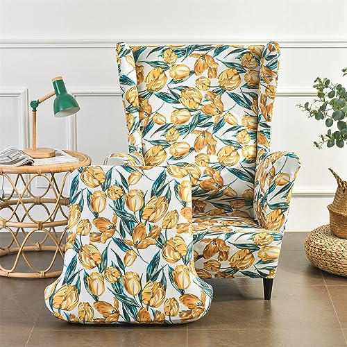 Hiseng Ohrensessel Überzug Stretch 2-Teilig, Sessel-Überwürfe Ohrensessel Schonbezüge Bezug, Modern Elastisch Sesselhusse Universal Tiger Stuhlbezug mit Armlehne Hohe Rückenlehne (Gelbe Tulpe)