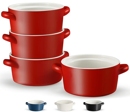 Kook - Lot de 4 bols à soupe avec poignées en céramique - Passe au four - Passe au micro-ondes et au lave-vaisselle - Passe au micro-ondes et au lave-vaisselle - 670 ml - Rouge mat