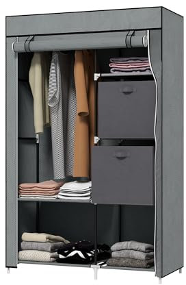 HOMCOM Kleiderschrank Stoffschrank mit Schubladen, Kleiderstange und Reißverschluss, Stoffkleiderschrank Faltschrank für Schlafzimmer, Ankleidezimmer, 102 x 42,5 x 162,5 cm, Dunkelgrau