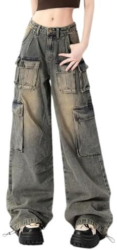 Hugboom Baggy Pantaloni Cargo per Donne Ragazze Gamba Larga Jeans Y2k Hip Hop Streetwear Low Rise Jeans Oversize Grunge Abbigliamento Blu, Blu, L