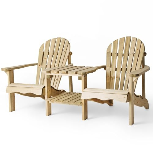 AMATA Double Adirondack Chair with Table for Outdoors, UNGURS Collection – Comfort for Two – Weatherproof Wooden Chair for Patio, Backyard and Garden Fire Pits – Ergonomic and Durable (Wood)