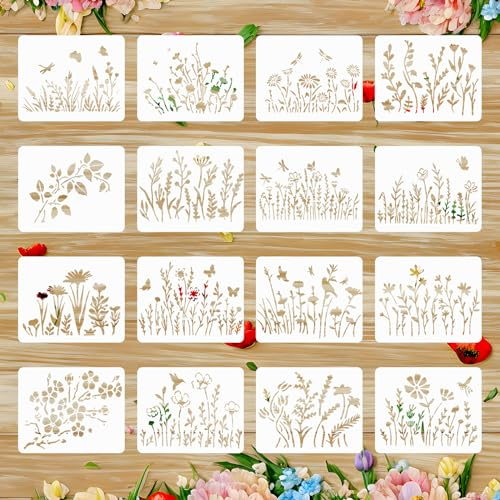 Ymapinc 16 Stück Schablonen Wildblumen Blumen Schablone 16x13cm Schablonen Natur Blumen Vorlagen Plant Schablone für DIY Handwerk Heimdekoration Scrapbooking Malerei