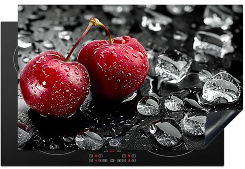 KitchenYeah© Herdabdeckplatte Einteilig Herdabdeckung Abdeckplatte | 80x52 cm - Ceranfeld Abdeckung Induktionskochfeld Aufrollbare Matte Kirschen - Rot - Obst - Schwarz