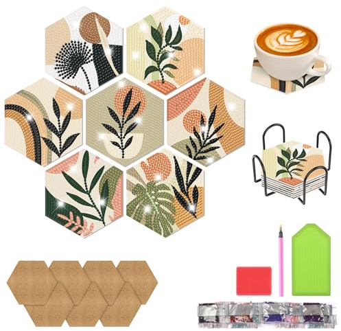 QENSPE 7 Pcs Kit Posavasos de Pintura Diamantes, Posavasos de Arte Diamantes Hexagonales, Posavasos de Arte Cristal 5D DIY con Base de Corcho y Soporte para Adultos Principiantes - Plantas
