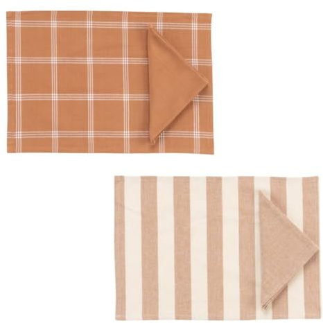 ROCKING GIFTS Set de x2 Mantel Mesa Individual de Algodón con Servilleta a Juego, Salvamantel, 2 Modelos Incluídos, Rayas y Cuadros en Naranja y Blanco, 48 cm