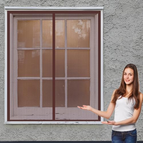 Magnet Fliegengitter Fenster 110 x 118 cm Insektenschutzgitter in Verschiedenen Größen Auswählbar Magnet Fliegengitter für Alle Universalfenster, Braun