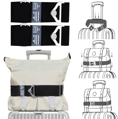 2-in-1 Travel Belt for Luggage Over Handle, Luggage Belt for Carry on Bag, Suitcase Straps, Add a Bag Bungees Luggage Straps Adjustable with Alloy Buckle,Hands-Free for Airport (Black, 2 Pack)