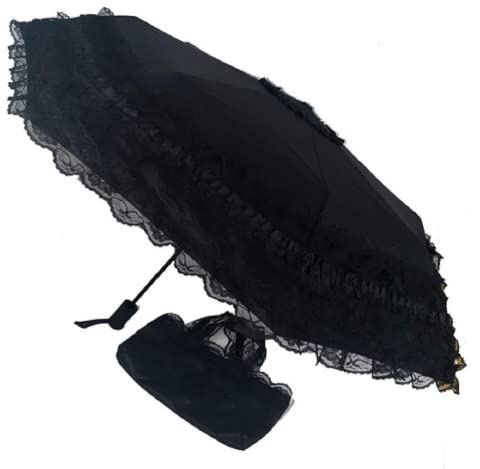 zmgmsmh Foldable Travel Umbrella Compact UV Resistance Princess Lace Parasol Umbrella Sun Umbrella for Women Girls, Automatic-Black, 102 centimeters, Compact