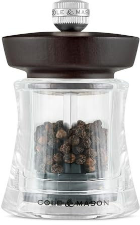 Cole & Mason Holborn - Molinillo de pimienta de madera de haya de chocolate, 95 mm, con grosor ajustable, mecanismo de precisión + carbono, garantía de por vida