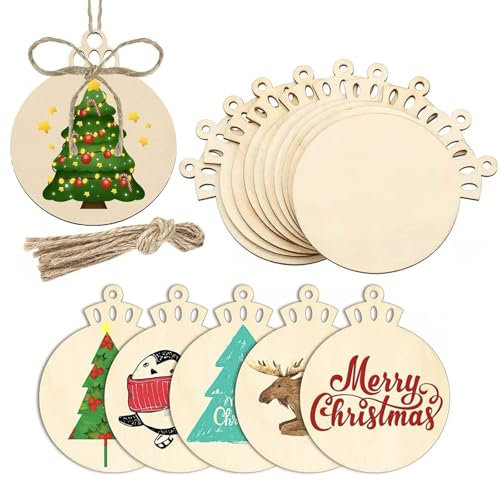 STIFFENERS 50Pcs Wooden Christmas Tree Baubles, Round Wooden Baubles with String, Traditional Christmas Hanging Ornaments