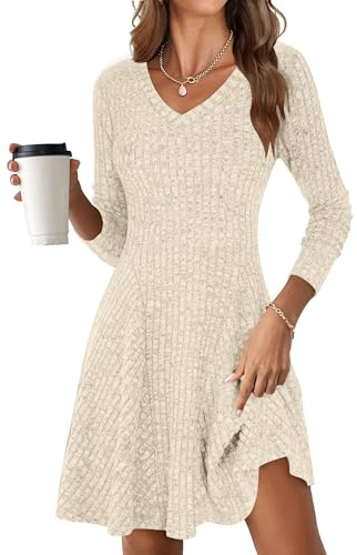 ROFUSSO Abito a Maniche Lunghe in Maglia da Donna Abito Autunnale in Maglia con Scollo a V Elegante Abito Midi in Maglia Abito Casual al Ginocchio con Linea ad A Abito Invernale(Albicocca,XXL)