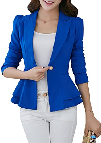 OMZIN Damen Blazer Langarm Drapiert Vorne Offen Büro Jacken Einreihig Arbeitsanzug Blau XL