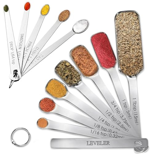 Stainless Steel Measuring Spoons Set of 13, Includes 7 Rectangular & 5 Tiny Spoons and 1 Leveler, Compact Design for Spice Jars, Ideal for Dry and Liquid Ingredients