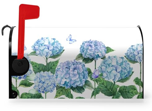 Dacawin Housse magnétique pour boîte aux lettres motif fleurs d'hortensia, printemps et été, bleu, taille standard, 45,7 x 53,3 cm, pour jardin, cour, décoration d'intérieur