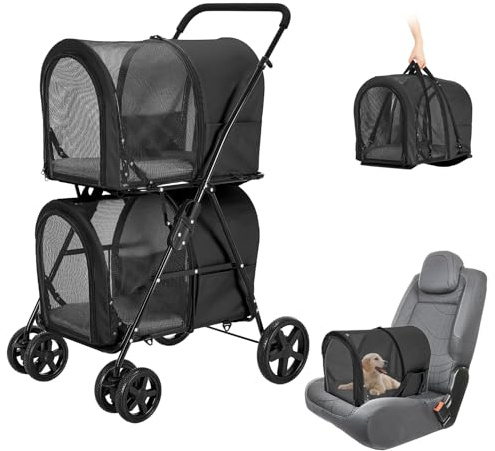 Joyfultails Hundewagen 4IN1 Hundebuggy Klappbar für 2 Hunde & Katzen bis 20kg, Doppel-Haustier-Kinderwagen Faltbarer Zweisitzer Hundebox Transporttasche mit Netzfenster, Sicherheitsleinen Schwarz