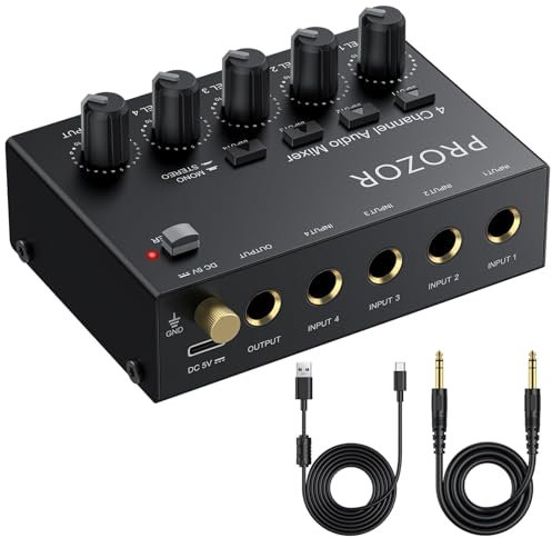 PROZOR Mixer Audio 4 Canali 6.35mm con Controllo Volume, Uscita Stereo e Monofonico, Mixer Audio a Basso Rumore 6.35mm con Cavo Audio 6.35mm 4 Canali Mixer per DJ Strumenti Musicali e Microfoni